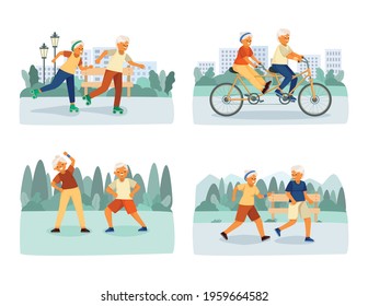 Elderly people happy life isolated cartoon icon set with sports activities such as rollerblading biking exercising and running vector illustration
