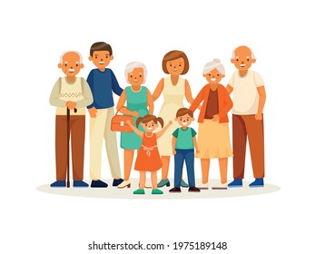 Elderly people happy life isolated and cartoon concept the whole family together vector illustration