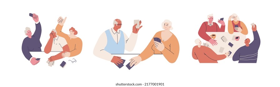 Elderly people have fun playing card board games. People of retirement age spend time together playing poker