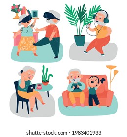 Elderly people have fun using modern technology design concept flat vector illustration