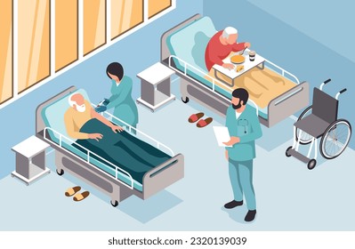 Elderly people having lunch and getting injection in hospital room 3d isometric vector illustration