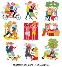 Elderly people healthy active lifestyle 9 cartoon compositions with couples walking dog dancing biking isolated vector illustration 