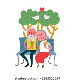 Personas de edad avanzada estilo de vida activo saludable Composición plana con pareja mayor comiendo helado en el parque ilustración vectorial