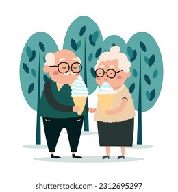 Elderly people healthy active lifestyle flat composition with senior couple eating ice cream in park vector illustration