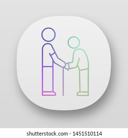 Elderly people help app icon. Assistance program for pensioners. Caring about old parents. Man holds senior by hands. UI/UX user interface. Web or mobile applications. Vector isolated illustrations