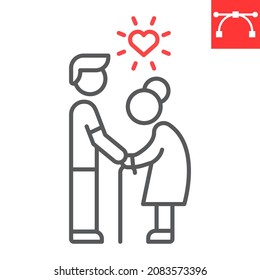 Elderly people help line icon, grandmother and volunteering, volunteer caring elderly for woman vector icon, vector graphics, editable stroke outline sign, eps 10.