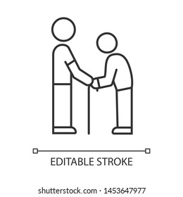Elderly people help linear icon. Volunteer responsibility for old people. Man holds senior by hands. Thin line illustration. Contour symbol. Vector isolated outline drawing. Editable stroke