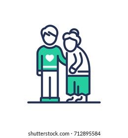 Elderly People Help - Modern   Vector Single Line Design Icon. An Image Depicting Two People, A Young Man, Son ,grandnson, A Senior Person, Grandmother, He . Use It For Your Presentation.