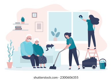 Elderly people hired cleaning service to clean their house or apartment. Housekeeping, women workers with various cleaning tools. Team doing housework. Female janitors washing floor and furniture.