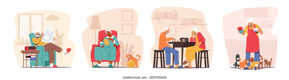 Elderly People Hobbies Concept. Old Men and Women Reading Newspaper, Feed Cats, Playing Chess and Knit Clothes. Seniors Retirement Lifestyle, Sparetime Activity, Leisure. Cartoon Vector Illustration