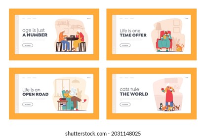 Elderly People Hobbies Landing Page Template Set. Old Men and Women Reading Newspaper, Feed Cats, Playing Chess and Knit Clothes. Seniors Retirement Lifestyle, Sparetime. Cartoon Vector Illustration