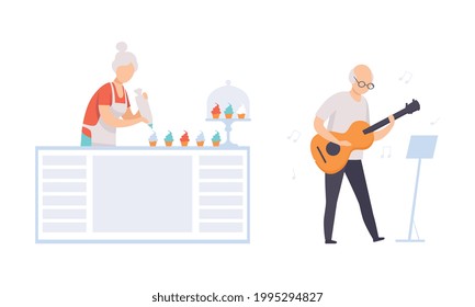 Elderly People Hobbies Set, Senior Woman Baking Cupcake, Senior Man Playing Guitar, Active Lifestyle Concept Flat Vector Illustration