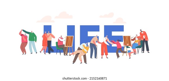 Elderly People Hobby and Active Life Concept. Old Male and Female Characters Painting, Dancing, Meet with Grandchildren. Aged Men Women Activities Poster, Banner or Flyer. Cartoon Vector Illustration
