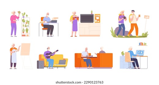 Los ancianos hobby. Personas mayores disfrutando de su jubilación, jubilados mayores actividades jardinería jugando al ajedrez idioma aprendizaje de ocio activo feliz ilustración vectorial del hobby humano ancianos