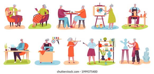 Elderly people hobby. Older men and women playing chess, reading books, painting, gardening. Senior characters various hobbies vector set. Grandfather and grandmother spending leisure time