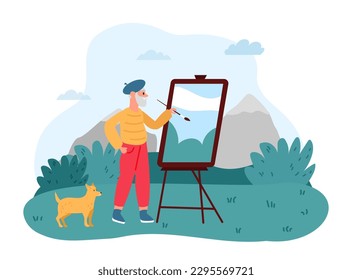 Elderly people hobby. Senior people retirement and engage in creative activities, painting outdoors. Cartoon man drawing on canvas nature. Leisure activity of old character vector illustration