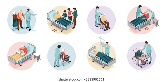 Personas de edad avanzada en composiciones redondas isométricas hospitalizadas aisladas en ilustraciones vectoriales de fondo blanco