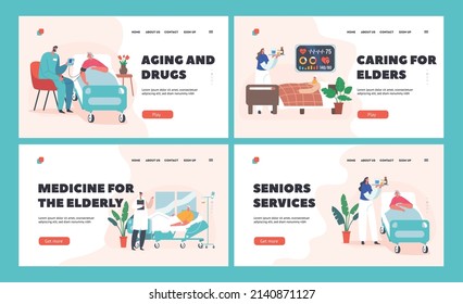 Elderly People Hospitalization Landing Page Template Set. Senior Diseased Male Female Characters Lying in Bed at Clinic Chamber with Doctors or Nurses Care and Treatment. Cartoon Vector Illustration svg