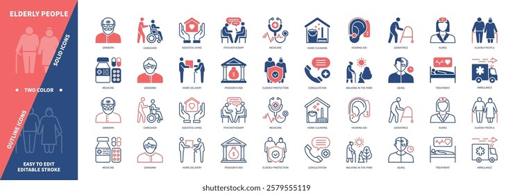 Elderly People icon set. Caregiver, Ambulance, Assisted Living, Medicare, Nurse, Pension Fund. Duotone color solid and editable outline icons