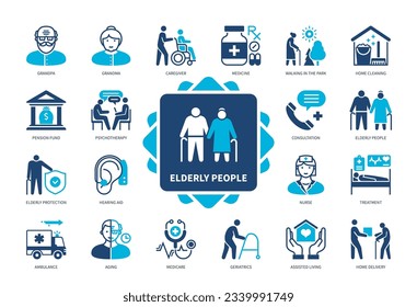 Elderly People icon set. Park Walking, Hearing Aid, Assisted Living, Medicare, Nurse, Pension Fund. Duotone color solid icons