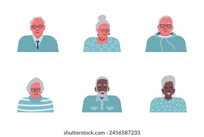 Elderly People icons. Senior Men. Senior Women. Different hair styling and clothing. Funky flat style. Vector illustration on white