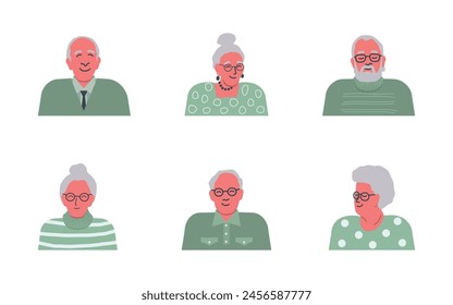 Iconos de Personas de ancianos. Hombres Mayores. Mujeres mayores. Diferentes peinados y ropa. Funky estilo plano. Ilustración vectorial en blanco.