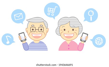 Elderly people and icons using smartphones
