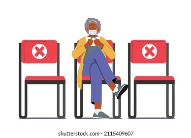Elderly People Immunization Concept. Old African Lady wear Mask Waiting Vaccination in Hospital Hall. Senior Female Character Wait Vaccine against Coronavirus Infection. Cartoon Vector Illustration