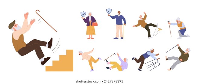 Elderly people insurance big set with senior man and woman falling down and need protection