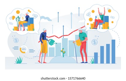 Elderly People Investing into Business for Big Income flat Cartoon Vector Illustration. Old Man and Woman Couple Watering Money Tree. Dreaming about Being Rich, Sacks with Money, Golden Coins.