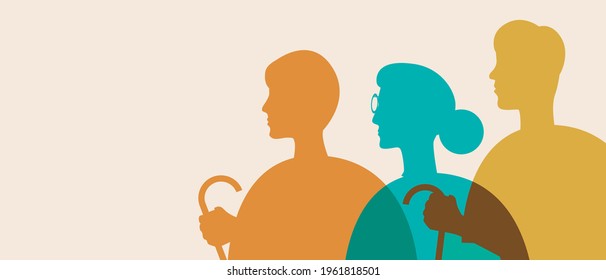 Elderly people isolated as copy space template. Color vector stock illustration. A community of old people. Elderly age, pensioners. Backdrop with place for text. Silhouette illustration