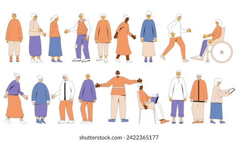 Elderly people isolated on white background. Characters on retirement set. Senior aged people standing. Group of elderly men and women. Vector collection.