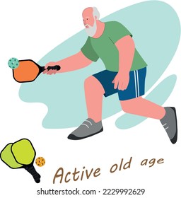 Elderly people lead an active lifestyle. Old man goes in for sports plays pickleball. Active old age vector illustration