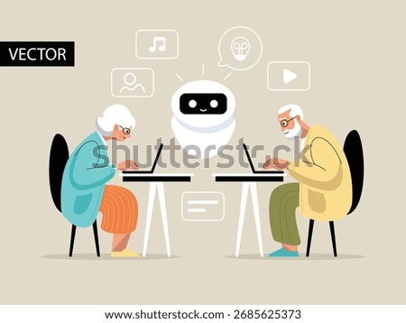 Elderly people learning technology by using computer. Senior man sitting at the desk. Senior woman sitting at the desk. Flat vector illustration. Artificial Intelligence Helping concept.