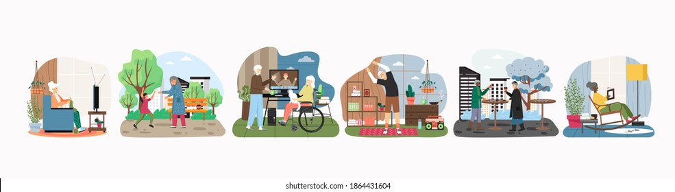 Elderly people leisure activity set, flat vector illustration. Senior men women knitting, playing checkers, watching tv, meeting with granddaughter, exercising, reading book, talking with adult son.