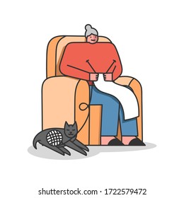 Elderly People Leisure Concept. Senior Woman Is Knitting Sitting In Comfortable Armchair. Cat Sleep On The Floor. Pensioner Has Hobby To Knit Clothes. Cartoon Linear Outline Flat Vector Illustration