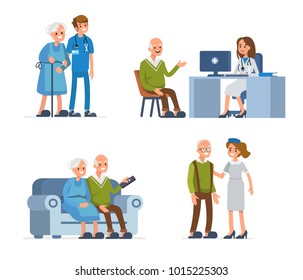 Elderly people leisure in nursing home. Flat style illustration isolated on white background.