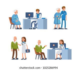 Elderly people leisure in nursing home. Flat style illustration isolated on white background.