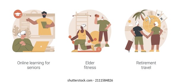 Elderly people lifestyle abstract concept vector illustration set. Online learning for seniors, elder fitness, retirement travel, fitness program, pension traveling expenses abstract metaphor.