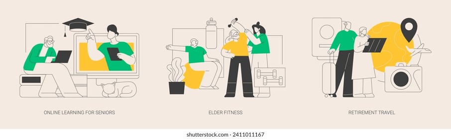 Elderly people lifestyle abstract concept vector illustration set. Online learning for seniors, elder fitness, retirement travel, fitness program, pension traveling expenses abstract metaphor.