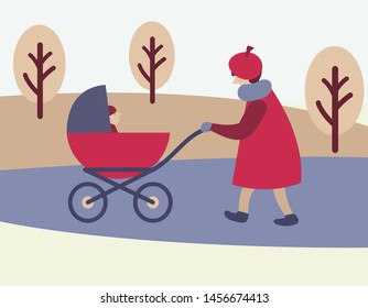 Elderly people lifestyle concept. Senior woman walking, rolls a pram. Aged female with baby carriage on winter theme background. Flat style vector illustration.