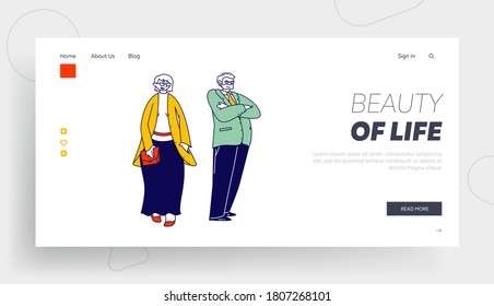 Elderly People Lifestyle, Family Sparetime Landing Page Template. Senior Couple Characters in Elegant Clothes Together, Old Man and Woman of Venerable Age Relation. Linear Vector Illustration