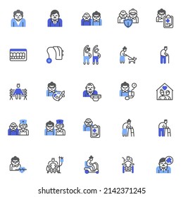 Elderly People Line Icons Set. Linear Style Symbols Collection, Outline Signs Pack. Old People And Senior Vector Graphics. Set Includes Icons As Caregiver, Home Nursing, Brain Therapy, Disabled Person