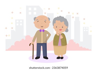 Elderly people live in the city. Flat vector cartoon illustration. International Day of Older Persons.