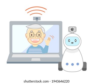 Elderly people living alone and watching robots
