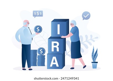 Elderly people make up the word - IRA from cubes, individual retirement account. Happy couple of grandparents with money. Financial freedom. Retirement savings, pension fund, passive income. Vector