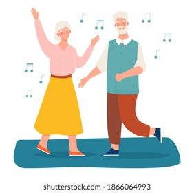 Elderly people man and woman dancing together. Leisure activity for retired people, healthy lifestyle. Cartoon vector illustration isolated on white background