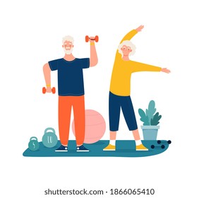 Elderly people man and woman have sports activity, exercising. Outdoor activity for retired people, healthy lifestyle. Cartoon vector illustration isolated on white background