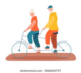 Elderly people man and woman riding bicycle. Outdoor activity for retired people, healthy lifestyle. Cartoon vector illustration isolated on white background