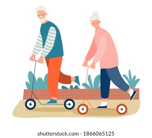 Elderly people man and woman riding on scooters together. Outdoor activity for retired people, healthy lifestyle. Cartoon vector illustration isolated on white background